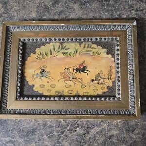 Vtg Persian Oil On Bone Composition Painting  Polo Match Framed
